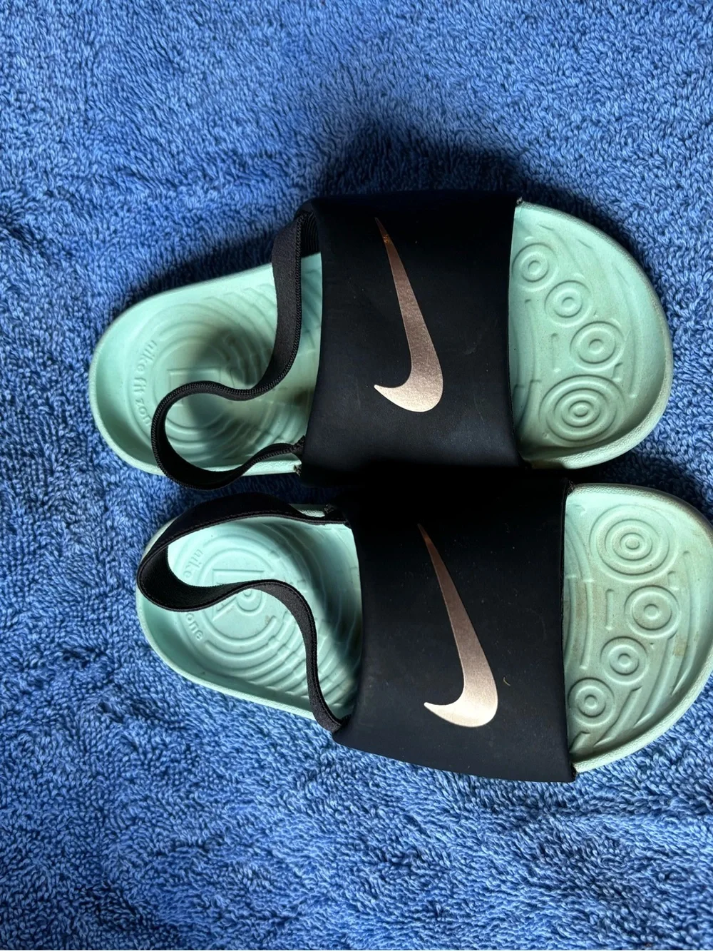 Nike Black Slides with Mint Green Footbed and Rose Gold Swoosh